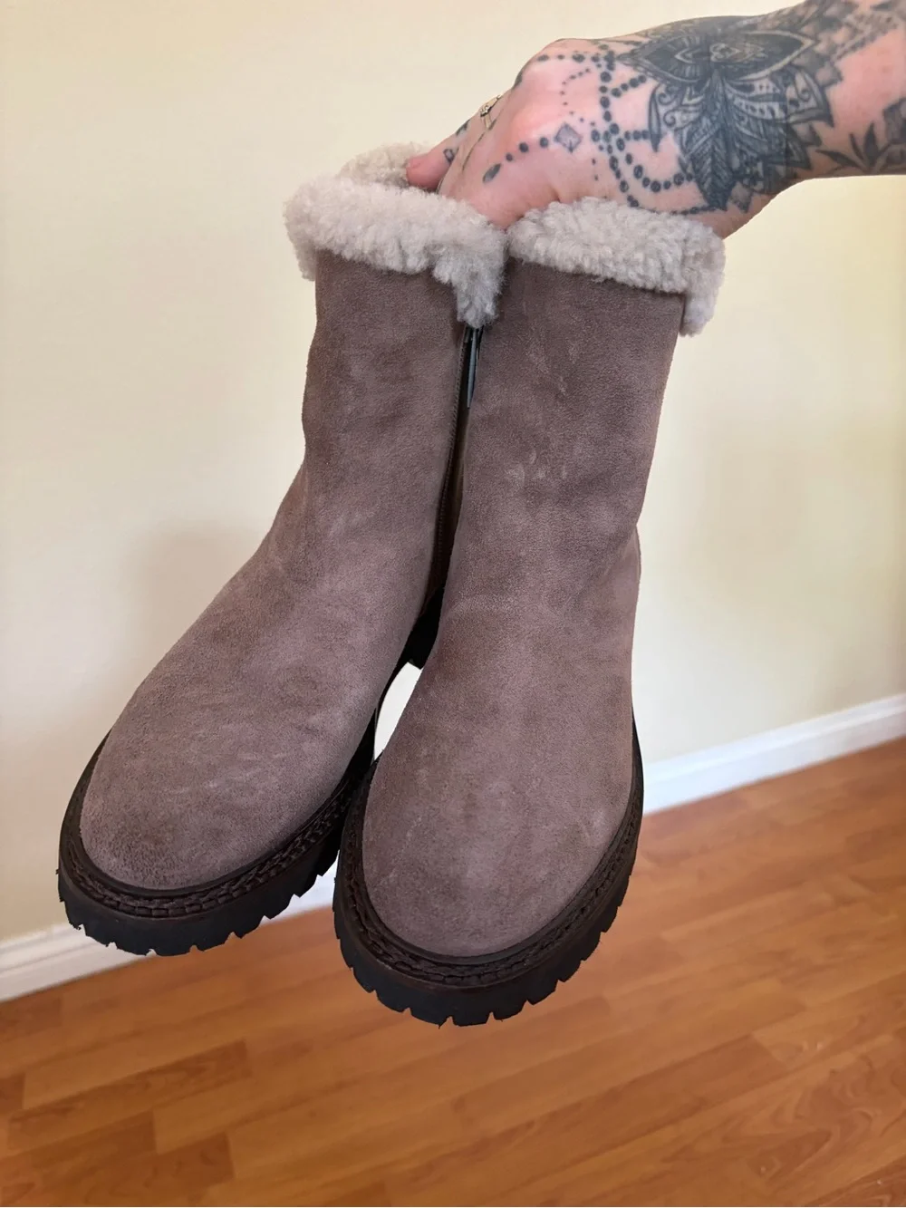 Aquatalia Taupe Suede Shearling-Trim Ankle Boots 5 1/2